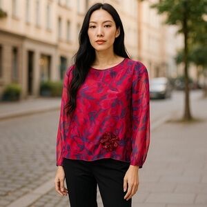 Women’s 80’s Vintage Sheer Beaded Sequin Blouse XL Pink